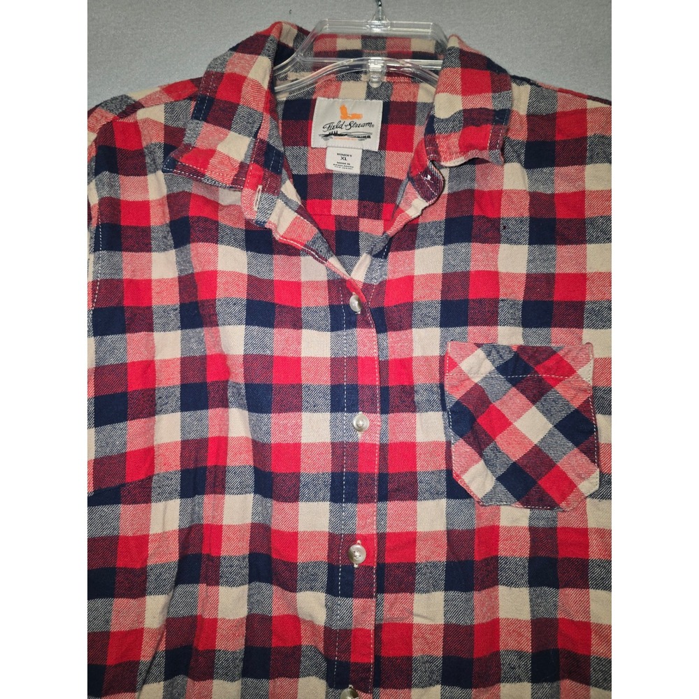 Field Stream Womens XL Plaid Flannel Button Up Shirt Red Blue Tan Long Sleeve